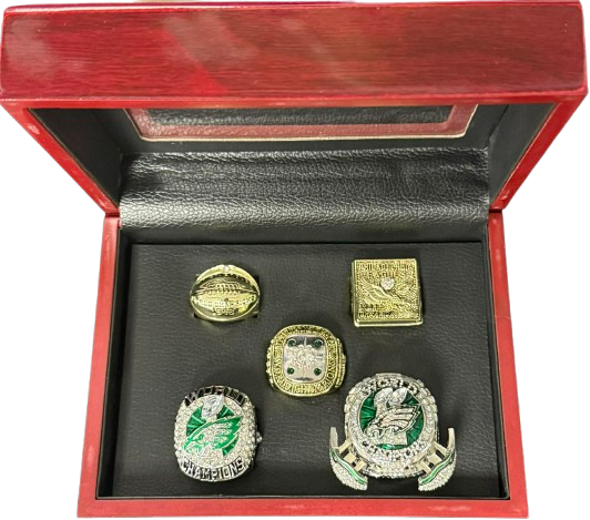 Eagles 5 Piece Replica Championship & Super Bowl Ring Set with Display Case