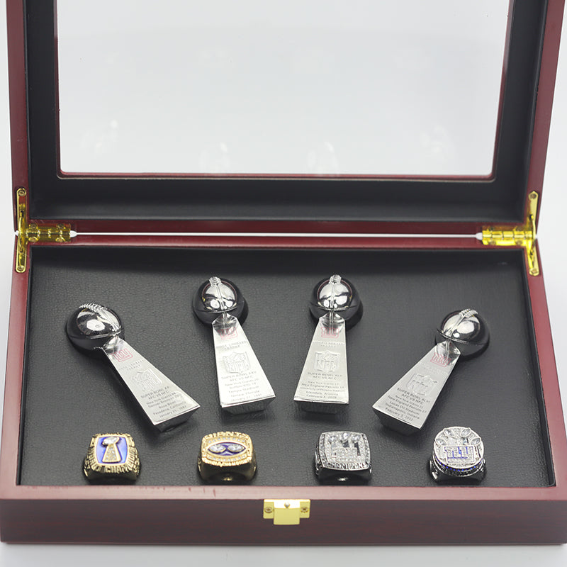NY Giants 8 Piece Replica Super Bowl Ring & Trophy Set with Display Case